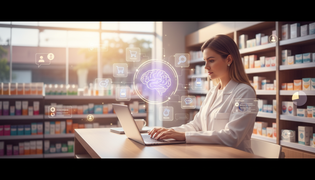 Ilustração de classificação de assuntos com inteligência artificial com profissionais e recursos digitais em drogaria