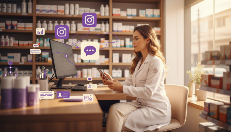 Ilustração de comentários do Instagram e atendimento privado com profissionais e recursos digitais em drogaria