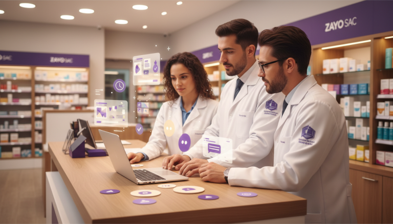 Cena ilustrativa de distribuição de atendimentos entre balconistas em uma drogaria com elementos digitais de atendimento