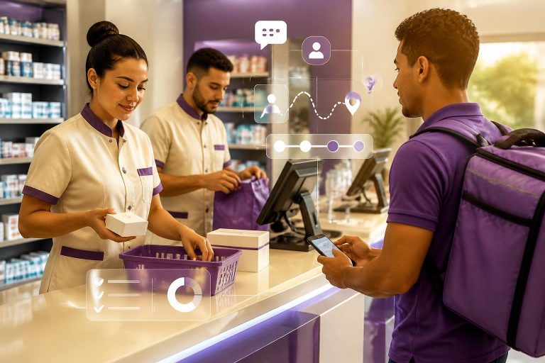 Ilustração de divisão do trabalho entre balcão e delivery com profissionais e recursos digitais em drogaria