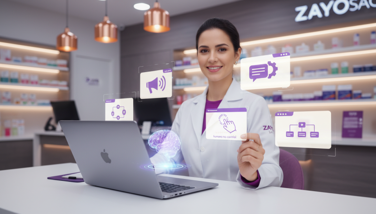 Cena ilustrativa de inteligência artificial como apoio ao atendente em uma drogaria com elementos digitais de atendimento