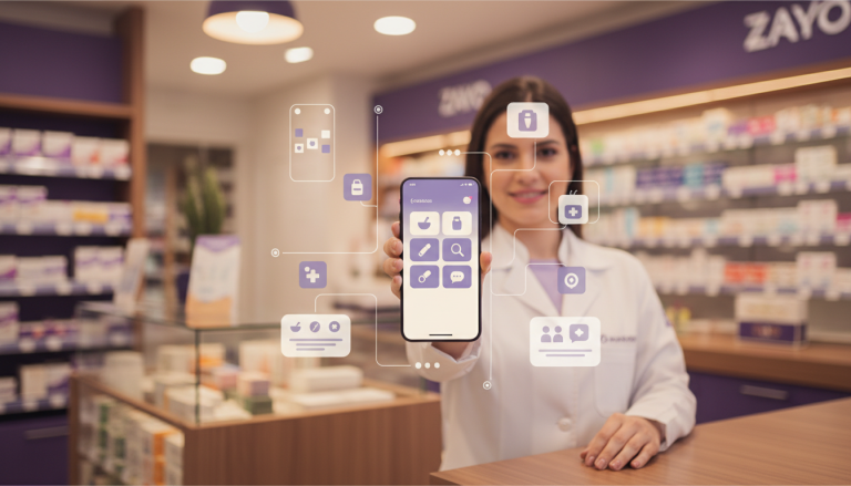 Cena ilustrativa de menu de chatbot na farmácia em uma drogaria com elementos digitais de atendimento