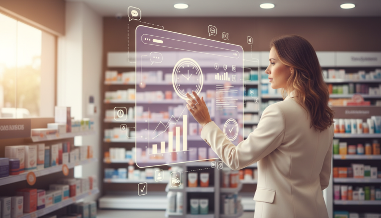Ilustração de números do atendimento digital com profissionais e recursos digitais em drogaria