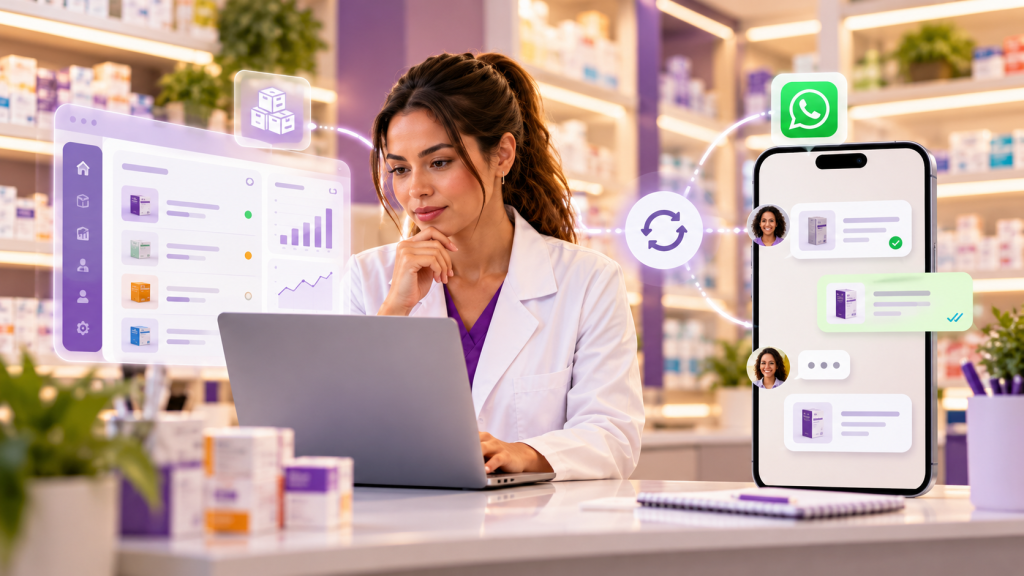 Farmacêutica usando computador com recursos digitais de integração entre estoque e atendimento por WhatsApp